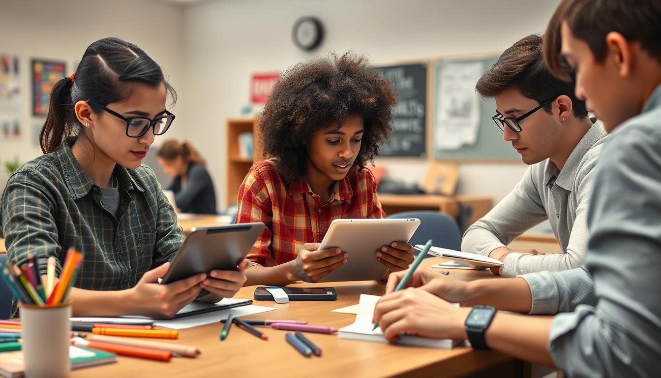 Students studying together in modern classroom